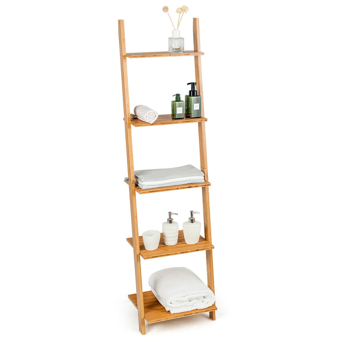 5-Tier Bamboo Ladder Plant Stand Leaning Bookshelf Display Shelf