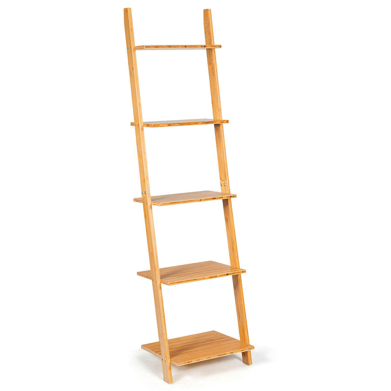 5-Tier Bamboo Ladder Plant Stand Leaning Bookshelf Display Shelf