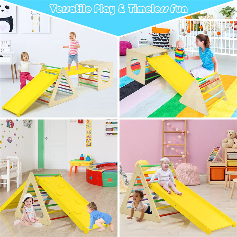 5-in-1 Kids Pikler Triangle Climber Wooden Toddler Climbing Triangle Set with 2 Sliding Ramps & Ladder