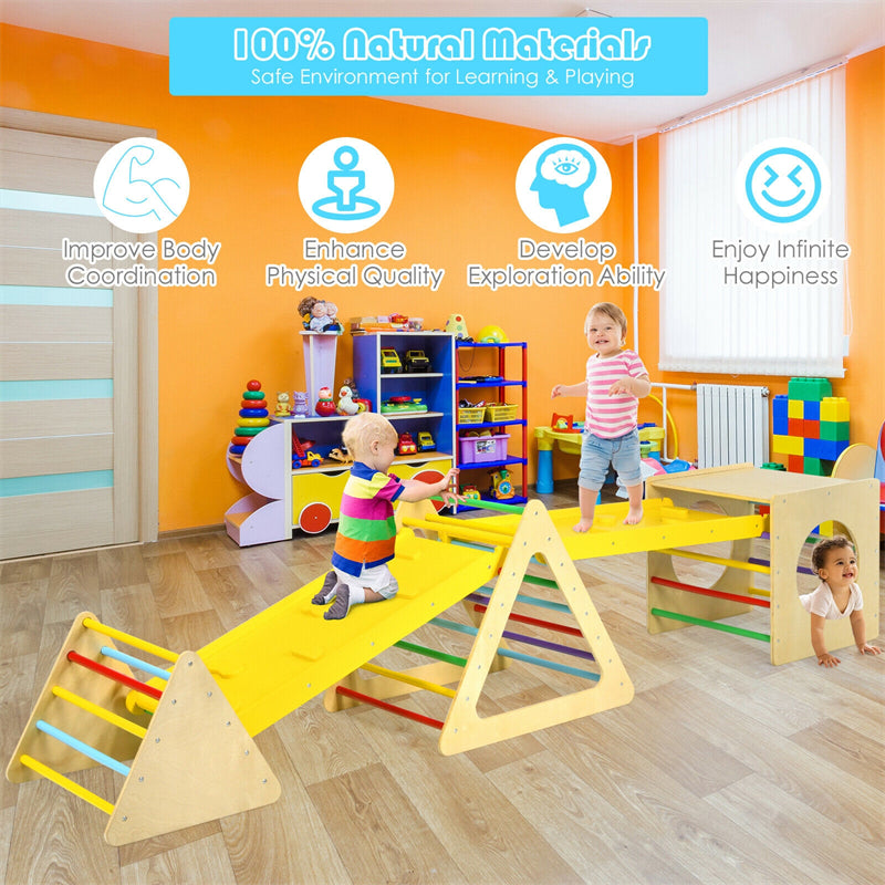 5-in-1 Kids Pikler Triangle Climber Wooden Toddler Climbing Triangle Set with 2 Sliding Ramps & Ladder