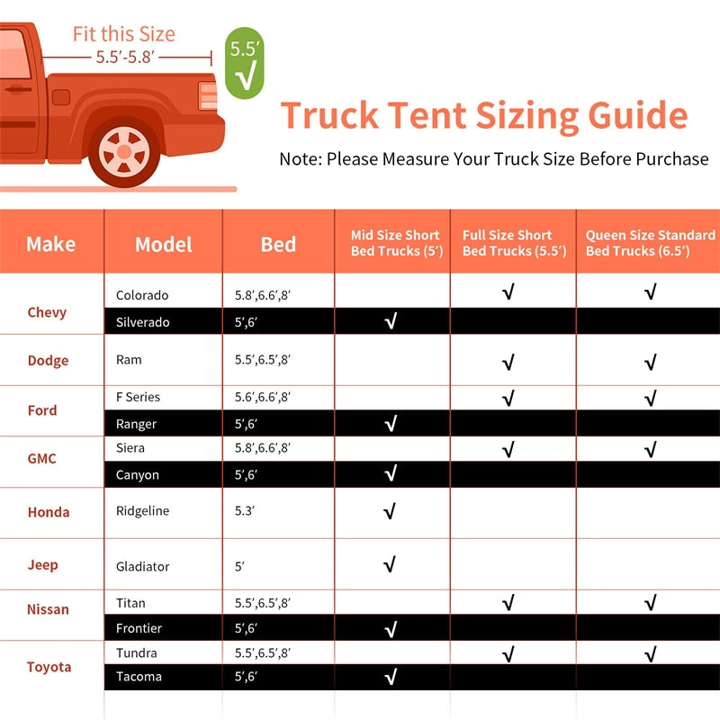 2-Person Pickup Truck Tent 5.5’-5.8’ Portable Truck Bed Tent with Removable Rainfly & Carrying Bag