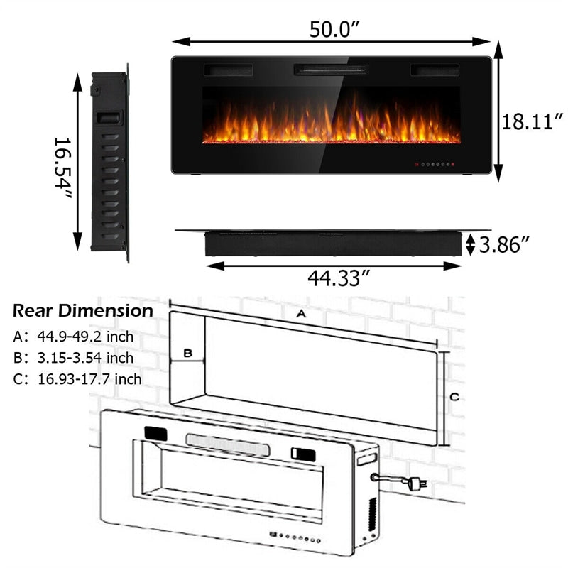 50" Recessed Electric Fireplace Insert Ultra Thin In-Wall & Wall Mounted Fireplace Heater 5100 BTU with Remote Control, Timer, Adjustable Flame Color