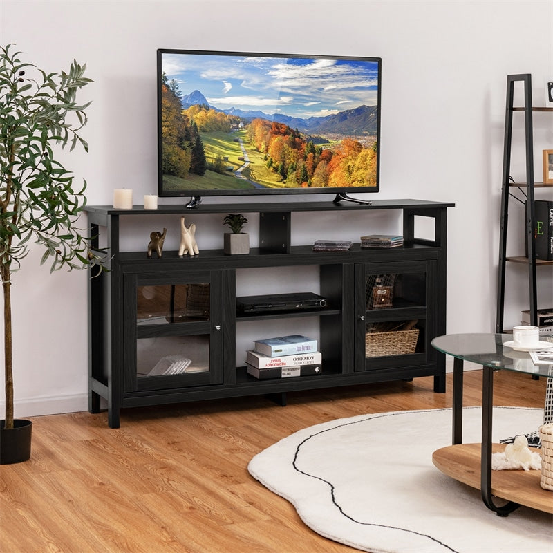 58" Fireplace TV Stand for TVs up to 65", Farmhouse Entertainment Center Wood Media Console with 2 Cabinets & 4 Shelves for 18" Fireplace