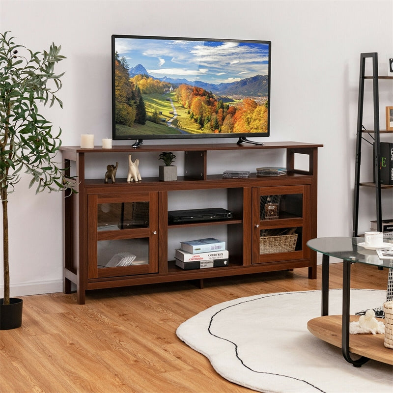 58" Fireplace TV Stand for TVs up to 65", Farmhouse Entertainment Center Wood Media Console with 2 Cabinets & 4 Shelves for 18" Fireplace