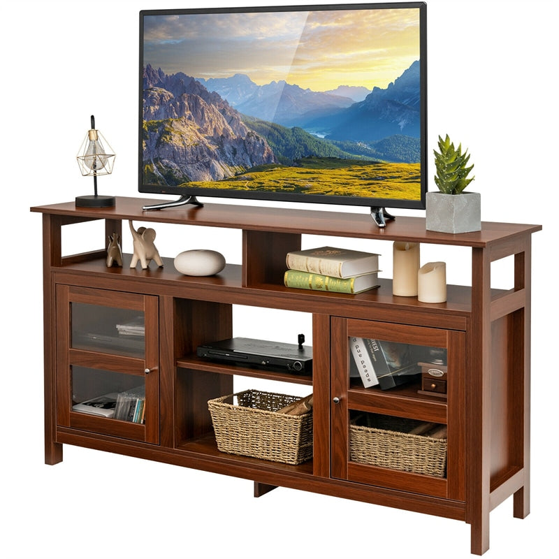 58" Fireplace TV Stand for TVs up to 65", Farmhouse Entertainment Center Wood Media Console with 2 Cabinets & 4 Shelves for 18" Fireplace