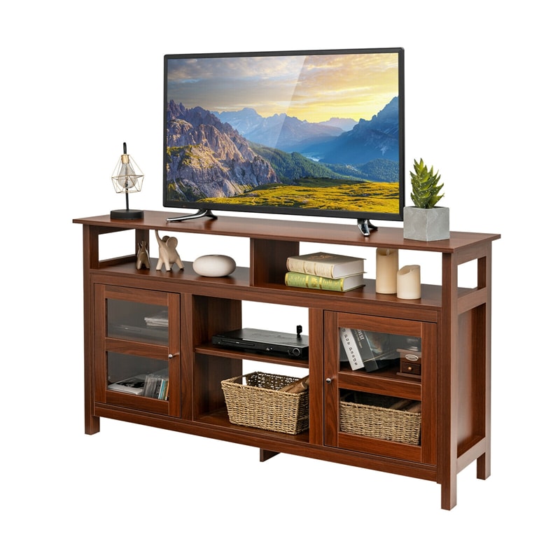 58" Fireplace TV Stand for TVs up to 65", Farmhouse Entertainment Center Wood Media Console with 2 Cabinets & 4 Shelves for 18" Fireplace