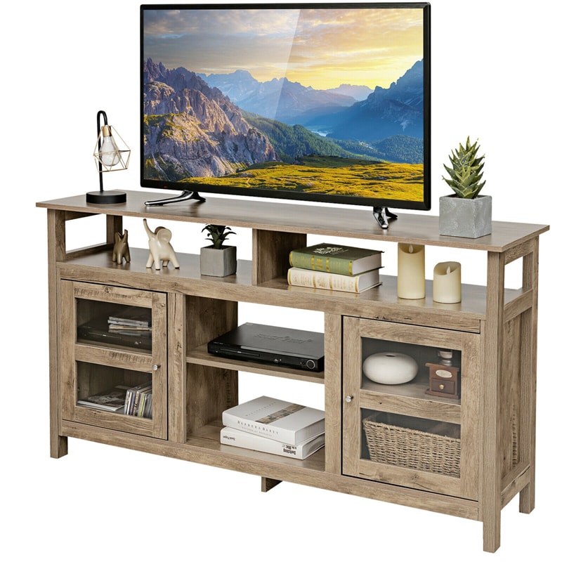 58" Fireplace TV Stand for TVs up to 65", Farmhouse Entertainment Center Wood Media Console with 2 Cabinets & 4 Shelves for 18" Fireplace