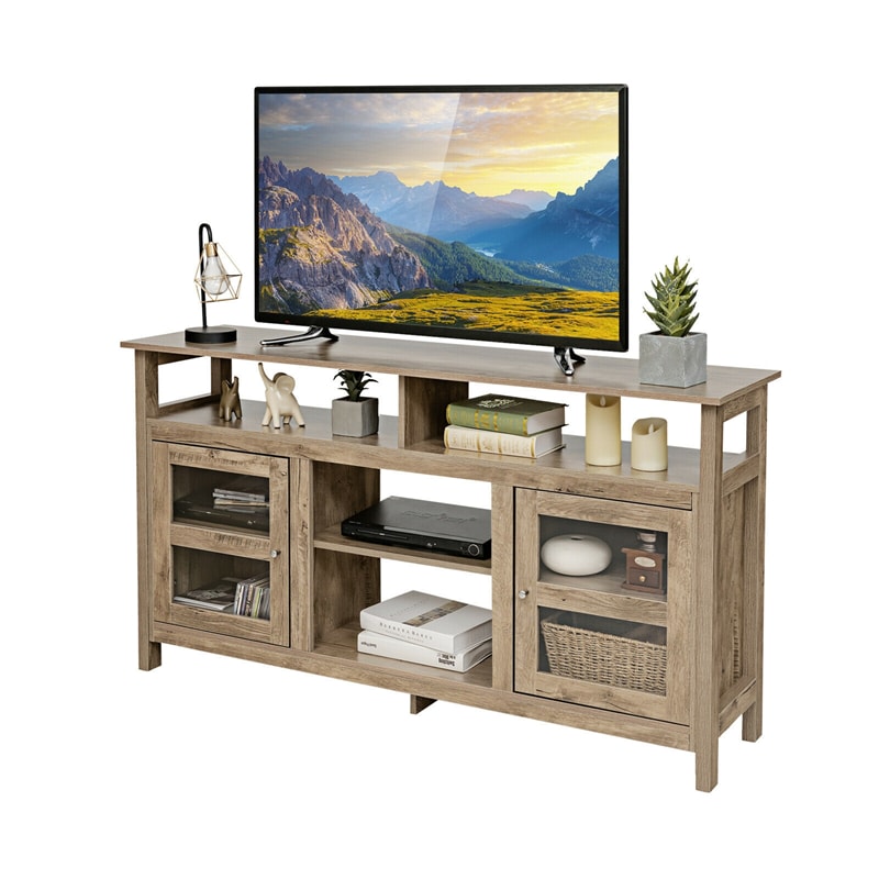 58" Fireplace TV Stand for TVs up to 65", Farmhouse Entertainment Center Wood Media Console with 2 Cabinets & 4 Shelves for 18" Fireplace