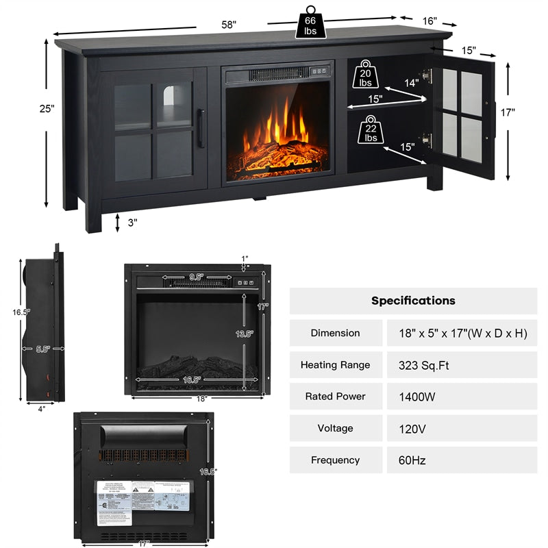 58" Fireplace TV Stand for TVs up to 65 Inches with 1400W Electric Fireplace Insert & Remote Control