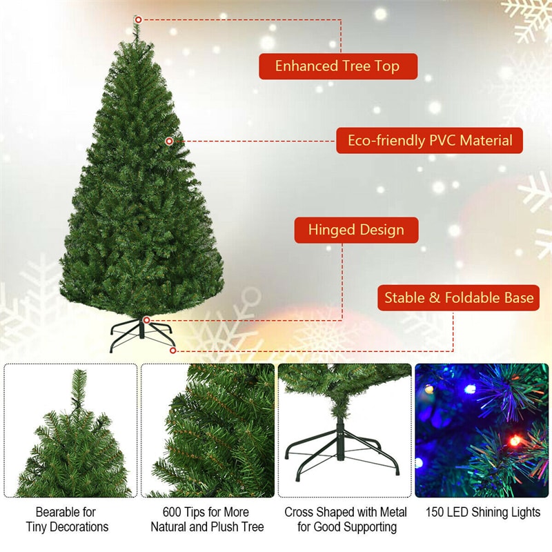 5FT Pre-lit Christmas Tree Hinged Artificial Xmas Tree 11 Flash Modes with 150 Dual-Colored LED Lights & Metal Stand