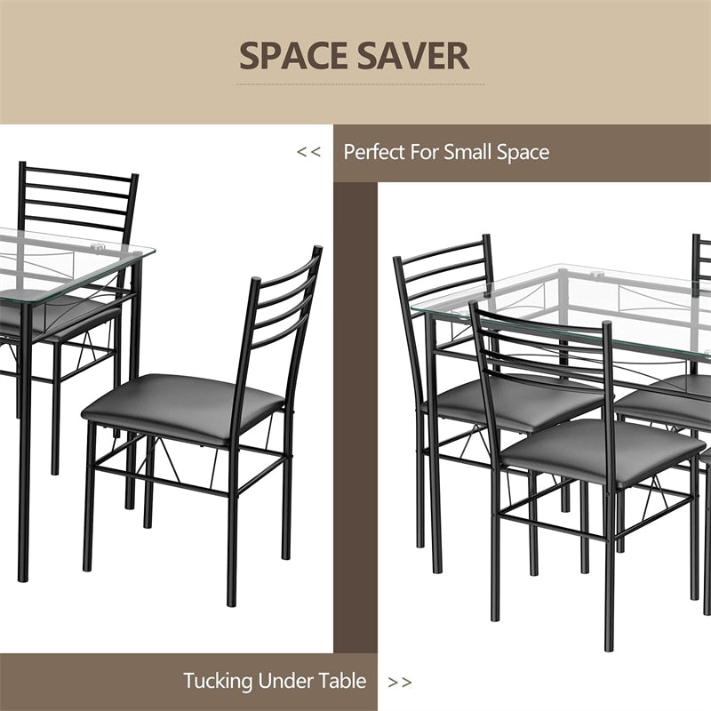 5 Piece Kitchen Dining Room Set Dining Table Set with Glass Tabletop & 4 Upholstered Chairs