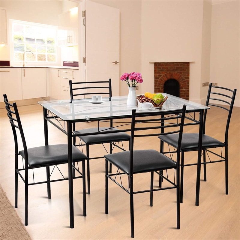 5 Piece Kitchen Dining Room Set Dining Table Set with Glass Tabletop & 4 Upholstered Chairs