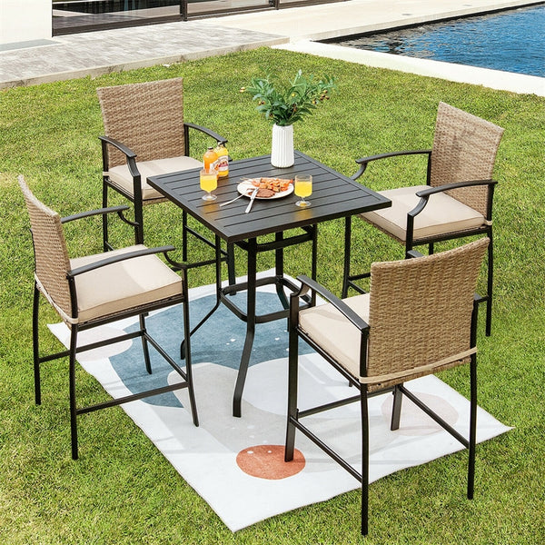 5 Piece Outdoor Patio Bar Set with 4 Wicker Bar Stools, Square Bar Table, Cushions, Steel Frame Rattan Counter Height Bistro Table Set for Garden Yard