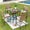 5 PCS Outdoor Bar Height Patio Bistro Set Steel Square Bar Table with 4 Rattan Bar Chairs & Cushions