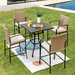 5 PCS Outdoor Bar Height Patio Bistro Set Steel Square Bar Table with 4 Rattan Bar Chairs & Cushions