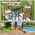 5 Piece Outdoor Patio Bar Set with 4 Wicker Bar Stools, Square Bar Table, Cushions, Steel Frame Rattan Counter Height Bistro Table Set for Garden Yard