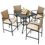 5 Piece Outdoor Patio Bar Set with 4 Wicker Bar Stools, Square Bar Table, Cushions, Steel Frame Rattan Counter Height Bistro Table Set for Garden Yard