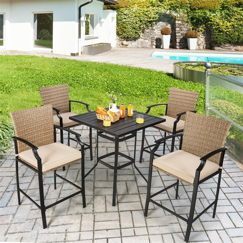 5 Piece Outdoor Patio Bar Set with 4 Wicker Bar Stools, Square Bar Table, Cushions, Steel Frame Rattan Counter Height Bistro Table Set for Garden Yard