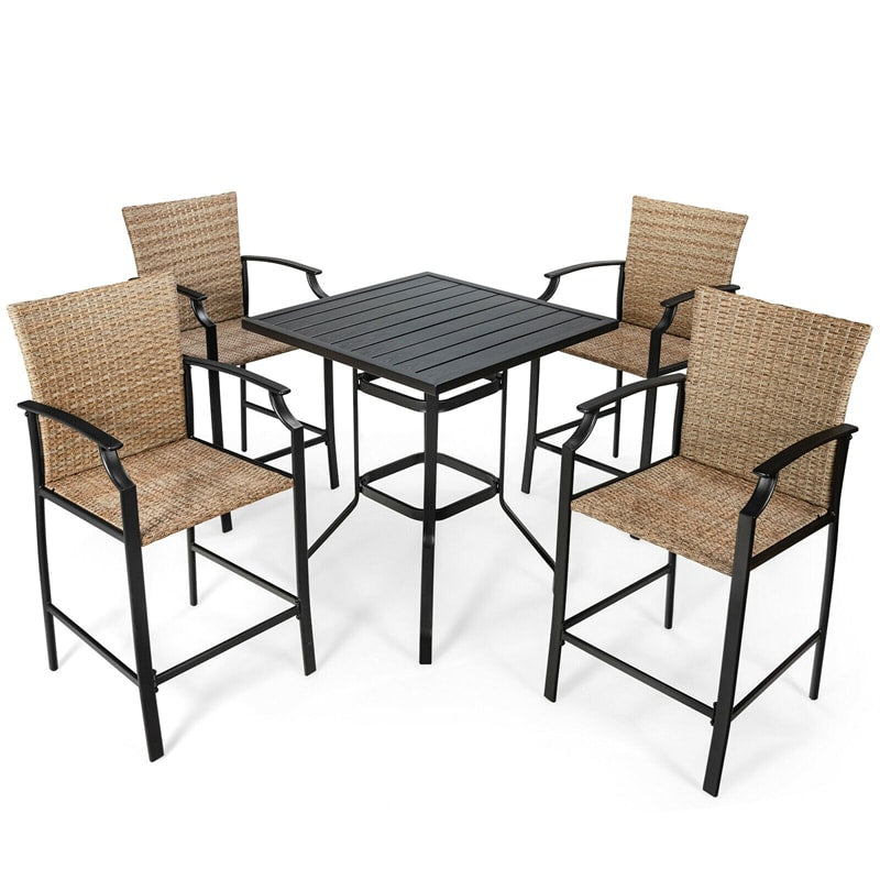 5 Piece Outdoor Patio Bar Set with 4 Wicker Bar Stools, Square Bar Table, Cushions, Steel Frame Rattan Counter Height Bistro Table Set for Garden Yard