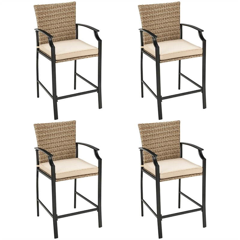 5 Piece Outdoor Patio Bar Set with 4 Wicker Bar Stools, Square Bar Table, Cushions, Steel Frame Rattan Counter Height Bistro Table Set for Garden Yard