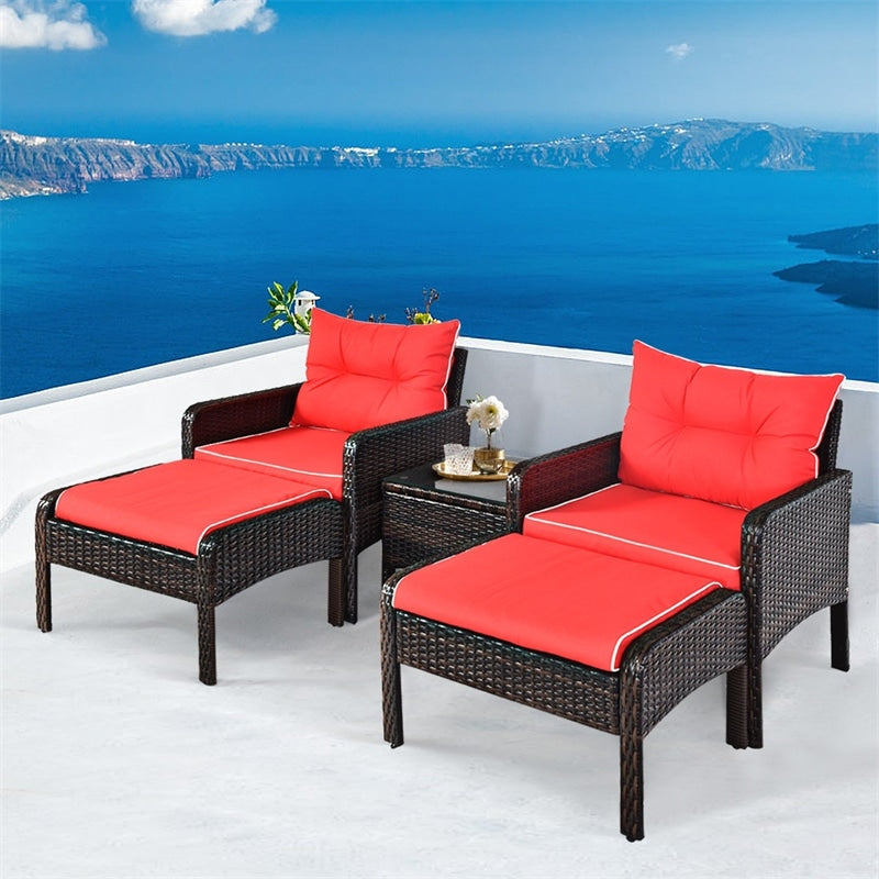 5 Pcs Rattan Patio Furniture Set Conversation Sofa Coffee Table Set with Cushioned Sofas & Ottomans