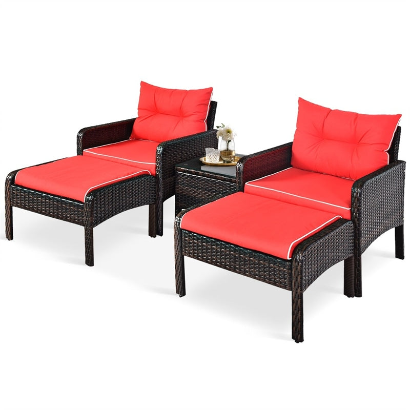 5 Pcs Rattan Patio Furniture Set Conversation Sofa Coffee Table Set with Cushioned Sofas & Ottomans