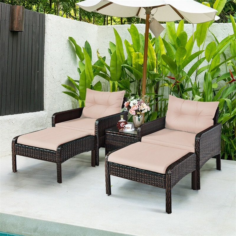 5 Pcs Rattan Patio Furniture Set Conversation Sofa Coffee Table Set with Cushioned Sofas & Ottomans