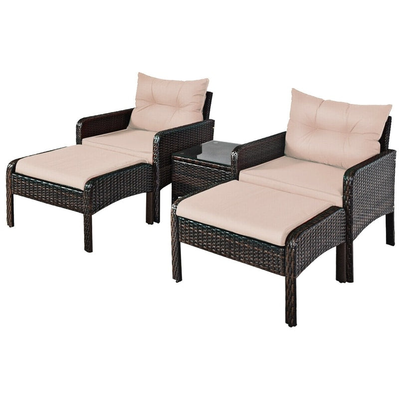 5 Pcs Rattan Patio Furniture Set Conversation Sofa Coffee Table Set with Cushioned Sofas & Ottomans