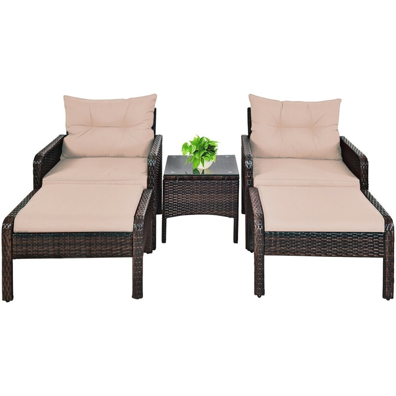 5 Pcs Rattan Patio Furniture Set Conversation Sofa Coffee Table Set with Cushioned Sofas & Ottomans