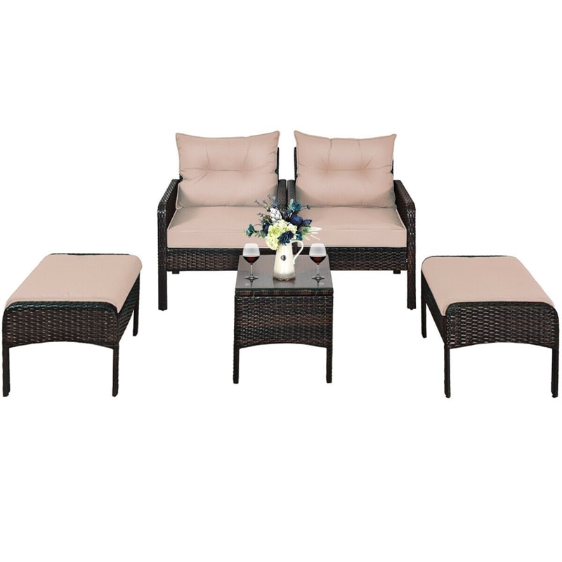 5 Pcs Rattan Patio Furniture Set Conversation Sofa Coffee Table Set with Cushioned Sofas & Ottomans