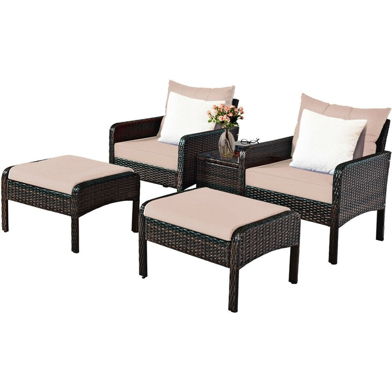 5 Pcs Rattan Patio Furniture Set Conversation Sofa Coffee Table Set with Cushioned Sofas & Ottomans