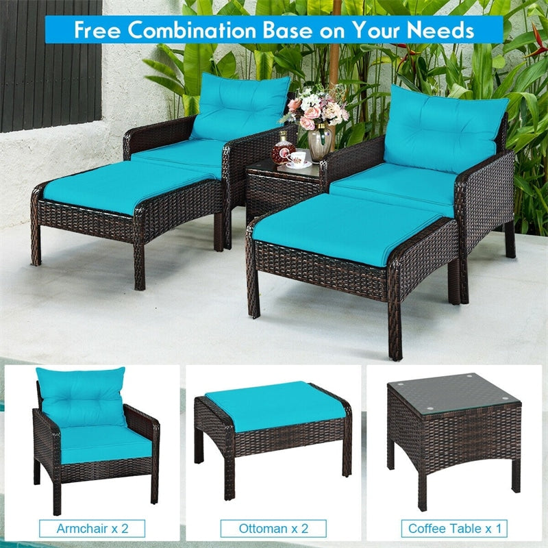 5 Pcs Rattan Patio Furniture Set Conversation Sofa Coffee Table Set with Cushioned Sofas & Ottomans