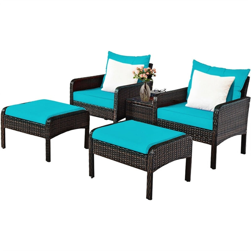 5 Pcs Rattan Patio Furniture Set Conversation Sofa Coffee Table Set with Cushioned Sofas & Ottomans