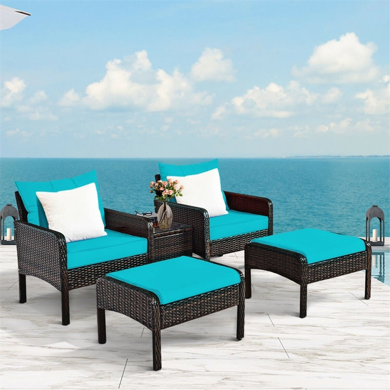 5 Pcs Rattan Patio Furniture Set Conversation Sofa Coffee Table Set with Cushioned Sofas & Ottomans