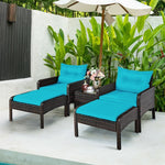 5 Pcs Rattan Patio Furniture Set Conversation Sofa Coffee Table Set with Cushioned Sofas & Ottomans