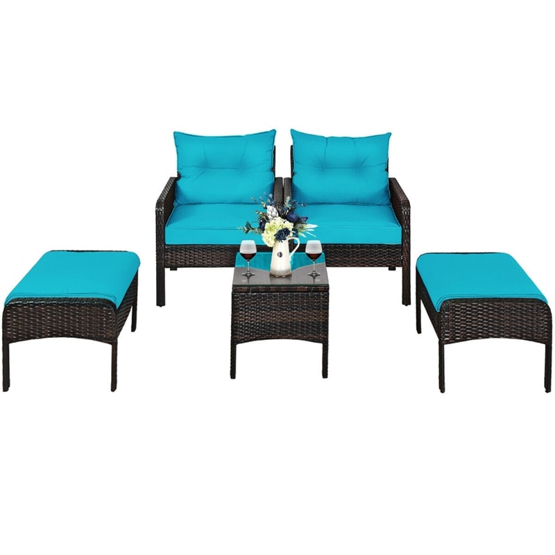 5 Pcs Rattan Patio Furniture Set Conversation Sofa Coffee Table Set with Cushioned Sofas & Ottomans