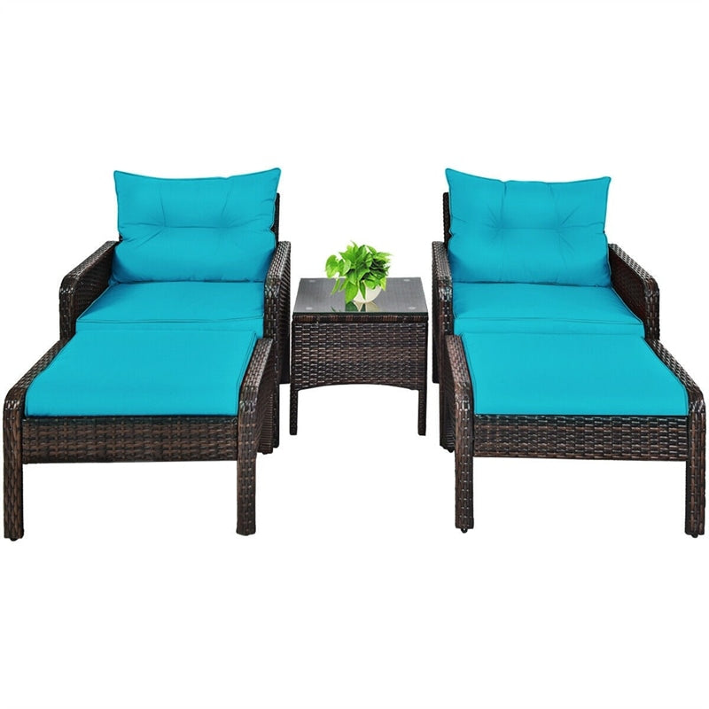 5 Pcs Rattan Patio Furniture Set Conversation Sofa Coffee Table Set with Cushioned Sofas & Ottomans