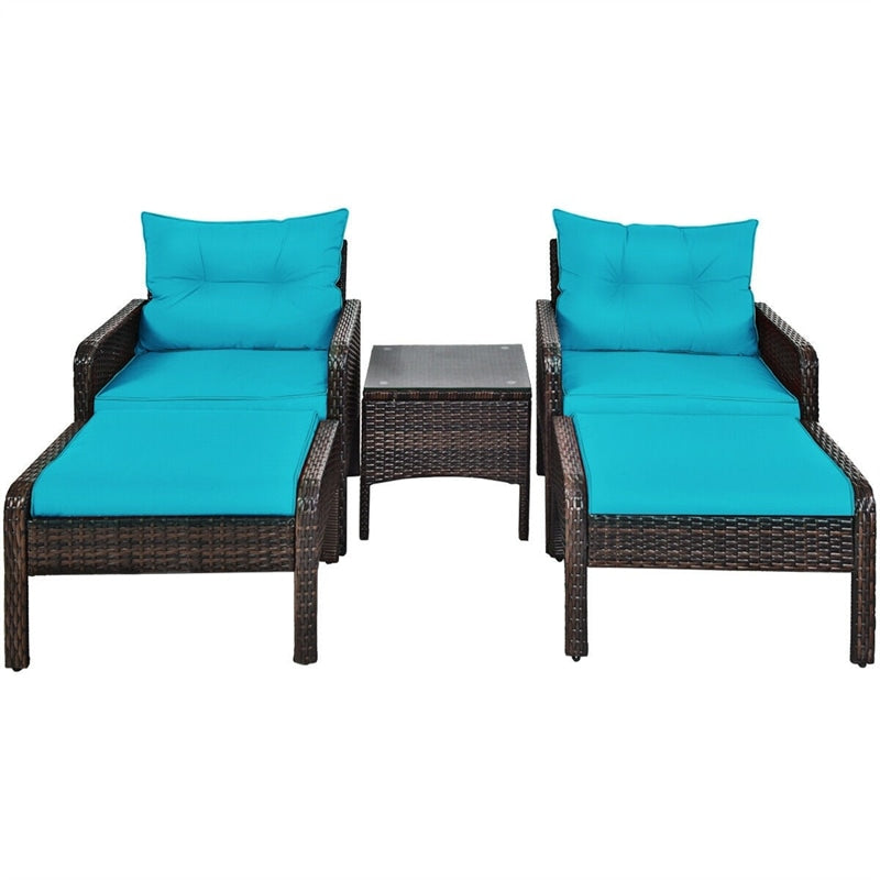 5 Pcs Rattan Patio Furniture Set Conversation Sofa Coffee Table Set with Cushioned Sofas & Ottomans