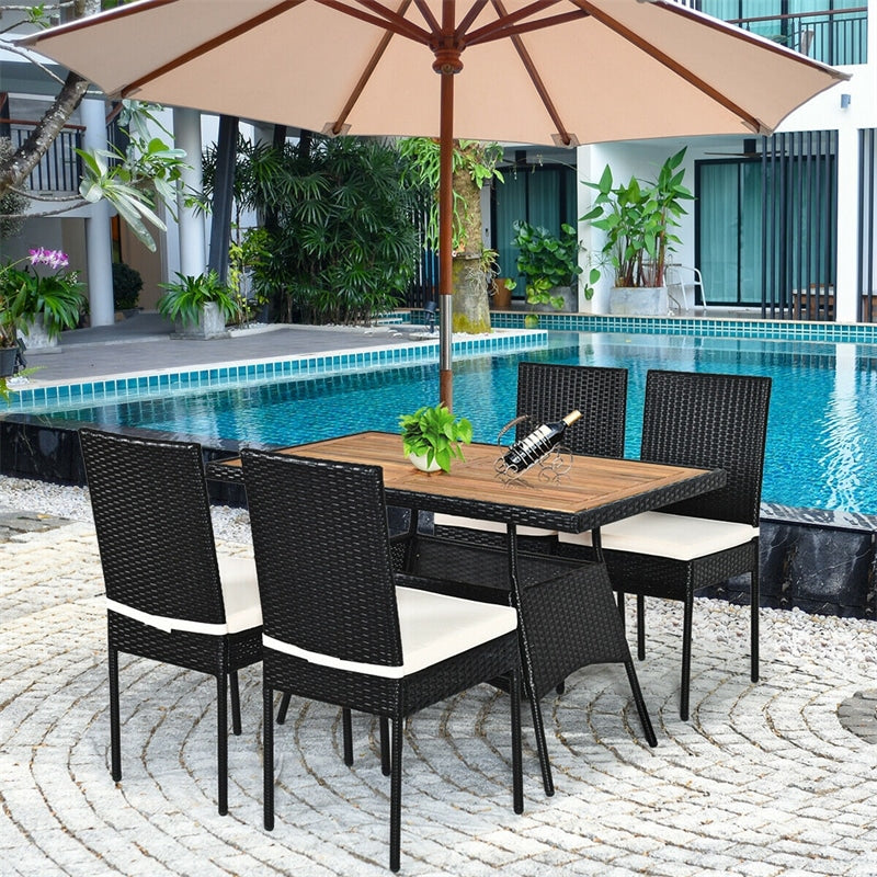 5 Pcs Wicker Patio Dining Set with Acacia Wood Table & Outdoor Rattan Chairs