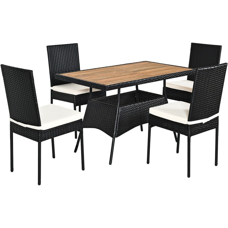 5 Pcs Wicker Patio Dining Set with Acacia Wood Table & Outdoor Rattan Chairs