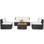 5 Piece Wicker Outdoor Furniture Set Rattan Patio Conversation Set with Acacia Wood Tabletop, Sofas & Cushions