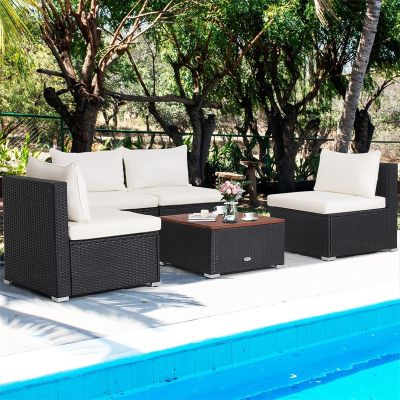 5 Piece Wicker Outdoor Furniture Set Rattan Patio Conversation Set with Acacia Wood Tabletop, Sofas & Cushions