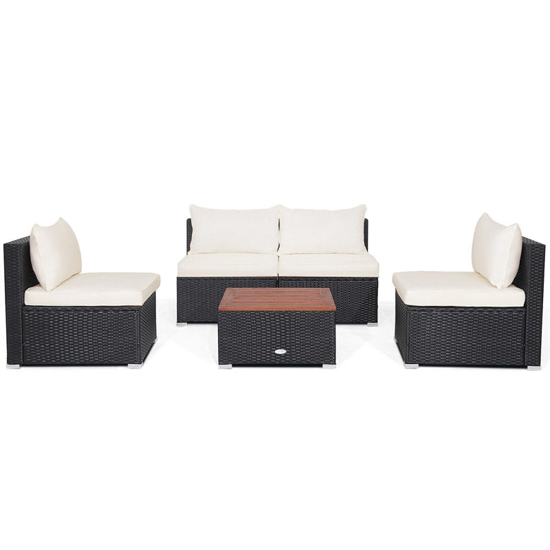 5 Piece Wicker Outdoor Furniture Set Rattan Patio Conversation Set with Acacia Wood Tabletop, Sofas & Cushions