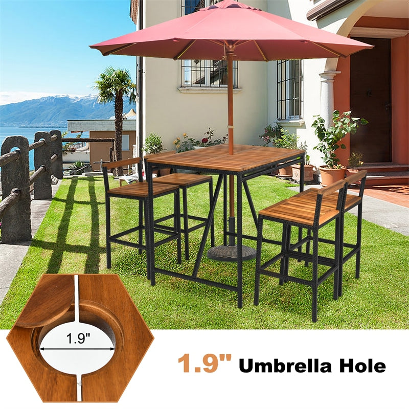 5 Piece Patio Rattan Bar Dining Furniture Set Acacia Wood Bar Height Bistro Set with Umbrella Hole & 4 Bar Stools