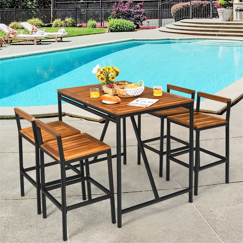 5 Piece Patio Rattan Bar Dining Furniture Set Acacia Wood Bar Height Bistro Set with Umbrella Hole & 4 Bar Stools