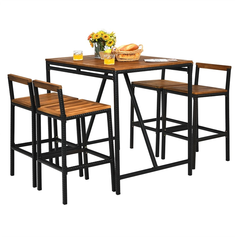 5 Piece Patio Rattan Bar Dining Furniture Set Acacia Wood Bar Height Bistro Set with Umbrella Hole & 4 Bar Stools