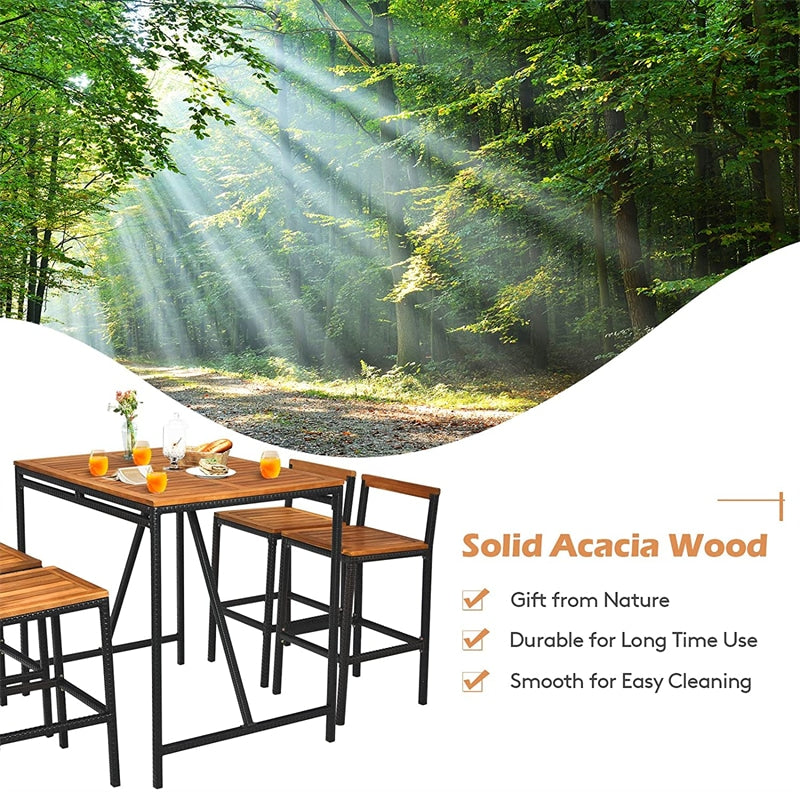 5 Piece Patio Rattan Bar Dining Furniture Set Acacia Wood Bar Height Bistro Set with Umbrella Hole & 4 Bar Stools