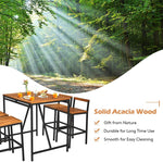 5 Piece Patio Rattan Bar Dining Furniture Set Acacia Wood Bar Height Bistro Set with Umbrella Hole & 4 Bar Stools