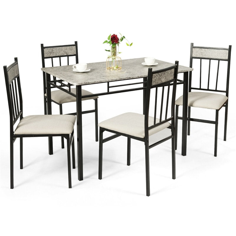 5 Piece Faux Marble Dining Table Set Kitchen Breakfast Furniture with 4 Padded Chairs