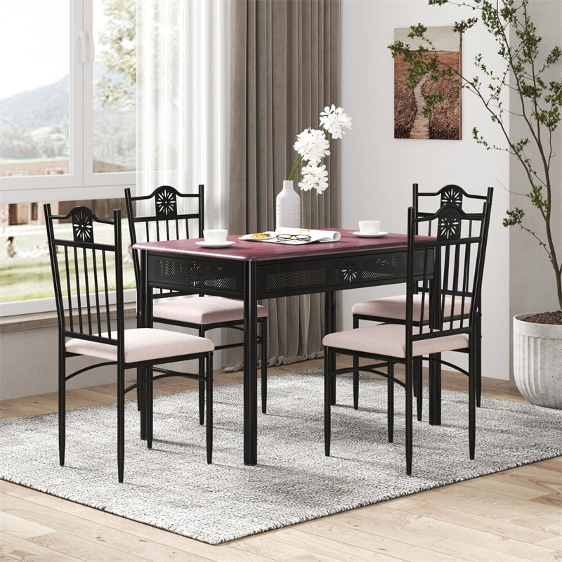 5 Piece Metal Dining Set with 4 Padded Chairs & Wood Top Dining Table, Vintage Kitchen Breakfast Furniture Set for Home Dining Room